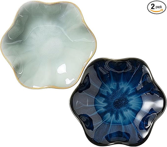 2Pcs Ceramic Jewelry Dish - Lotus Leaf Shape, for Ring Holder Necklace Small Key, Suitable for Mother Friend Sister, Gifts for Women, Cute Plate Trinket Tray, Home Decor (Green & Blue)