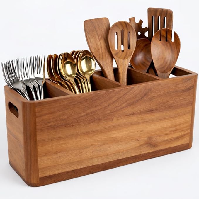 Wooden Kitchen Utensil Holder for Countertop - Extra Large Utensil Organizer for Storage Cooking and Silverware with 4 Compartment, Rustic Acacia Wood Container