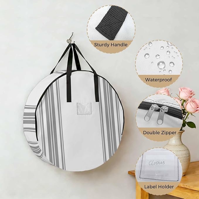 Storage Bag Gray Stripes Round Storage Totes Bins Closet Organizers with Zippers & Handle Simple Style Clothes Storage Container for Bedroom Dorm Space Saving Packing Supplies Moving Bags