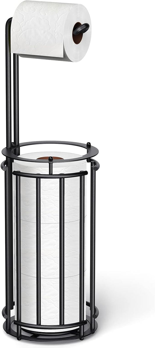 Meangood Toilet Paper Holder Stand and Tissue Paper Roll Dispenser for 4 Mega Rolls, Bathroom Free Standing Tissue Roll Storage Holder Rack,Detachable (Black)