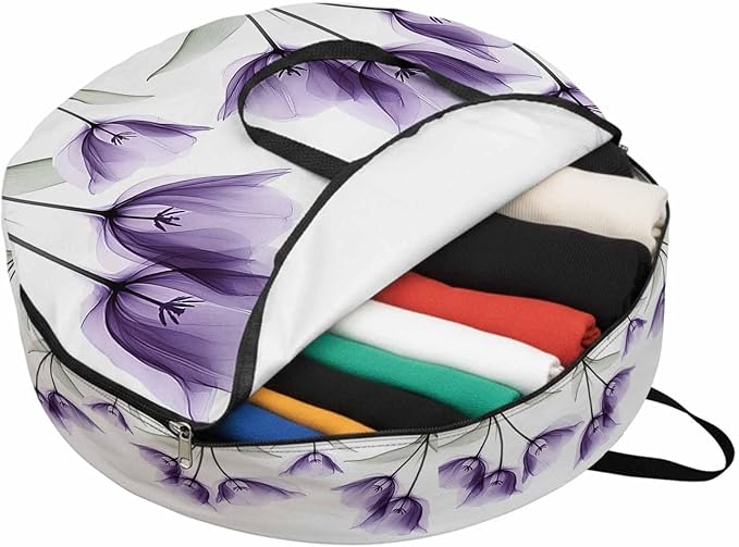 Spring Floral Round Storage Bag 30 Inch, Purple X-ray Tulip Looming Flower Leaf Modern Clothes Storage Container with Handles Heavy Duty Organizer for Comforter, Bedding & Holiday Wreaths