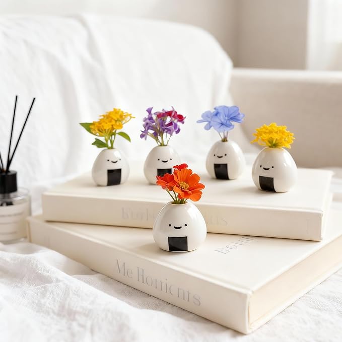 MOUGIGI 5 PCS Mini Flower Vase, Handmade Ceramic Rice Ball (Japanese Onigiri) Miniature Vases, Charming and Cute Design, Perfect for Dry Flowers - Bulk Bud Vases, Unique and Adorable Japanese Craft