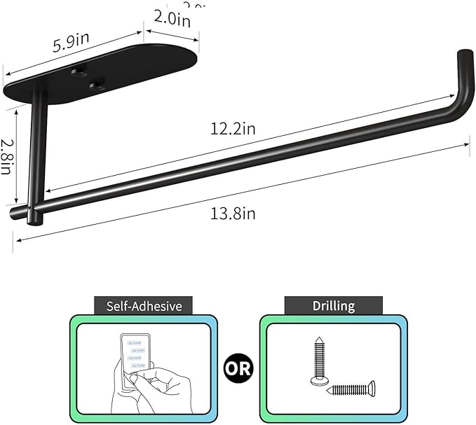 VAEHOLD Self Adhesive Paper Towel Holder Under Cabinet Mount, Wall Mounted Paper Towel Roll Holder for Kitchen, Bathroom, Wall - SUS304 Stainless Steel (Black)