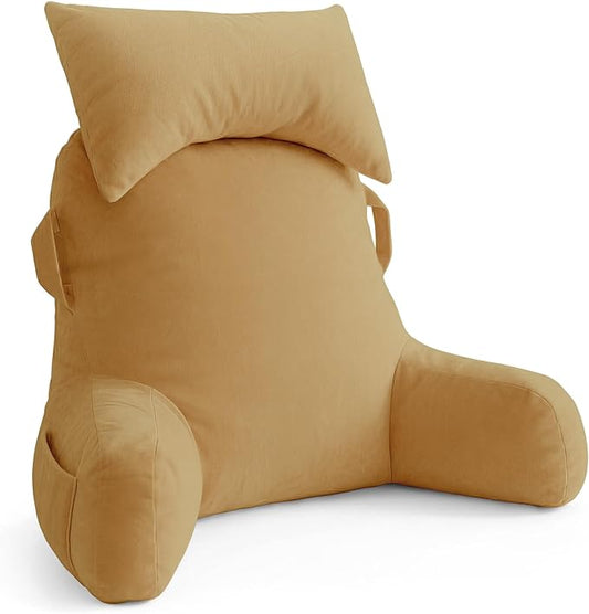 Unisakey Portable Reading Pillows with Headrest for Bed Sitting Up(Camel Oeko-Tex), Velvet Back Pillow with Arms & Pockets for Adults, Support Memory Foam Bed Pillow for Dorm/Reading/Watching/Gaming