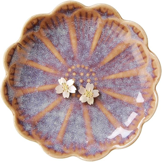 Lotus Ring Holder Dish Small Indoor Ash Tray, Ceramic Dessert Plate Trinket Jewelry Holder Organizing Necklace Earrings for Parents Friends Sister, Deep Purple. All Jewelries Are NOT Included.