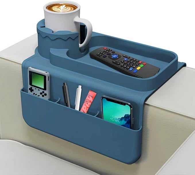 Silicone Couch Cup Holder Tray, 3-Side Sofa Armrest Organizer with Secure Gear-Shaped Locking Holder & Large Tablet Slot, Non-Slip Weighted Armchair Caddy, Couch Accessories (Navy Blue)