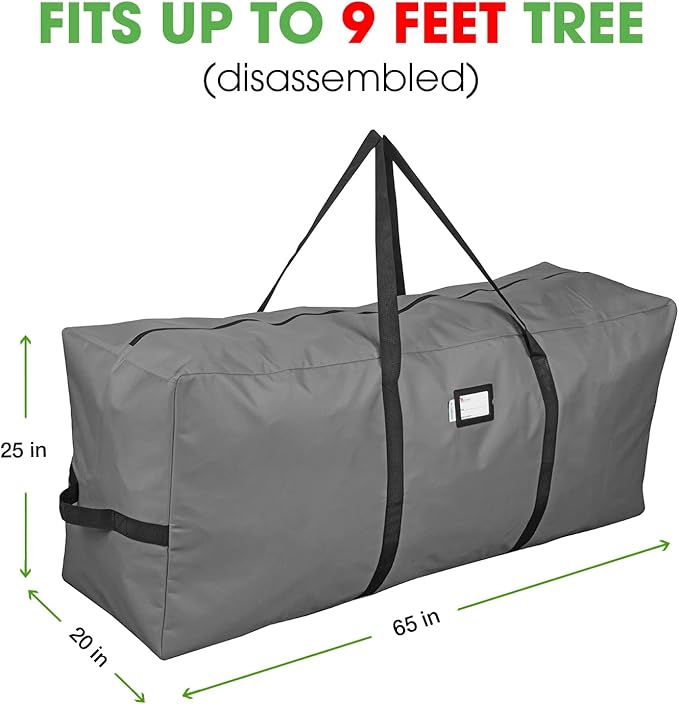 Primode Heavy Duty Christmas Tree Storage Bag, Fits Up to 9 Ft. Tall Disassembled Tree, 25" High X 20" Wide X 65" Long, Heavy Duty Storage Container, Constructed Of Durable 600D Oxford Material (Gray)