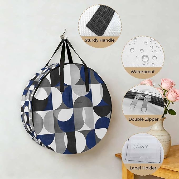 Storage Bag Modern Blue Gray Geometric Round Storage Totes Bins Closet Organizers with Zippers & Handle Abstract Mid Century Clothes Storage Container for Bedroom Dorm Space Saving Packing Supplies