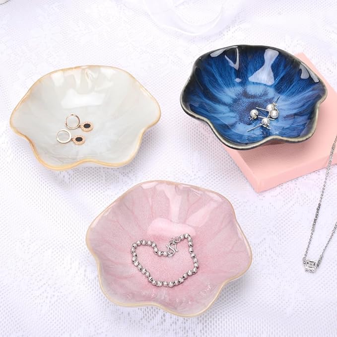 Ceramic Jewelry Dish, Lotus Leaf Decor Ring Tray, Small Key Bowl, Trinket Holder, Catch All Tray for Necklace Earrings, Nightstand Decor for entryway Table Home for Women Mom Friend Sister (Pink)