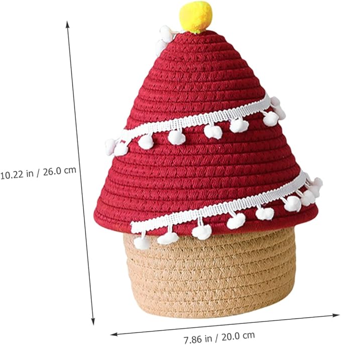 Hemobllo Christmas Tree Woven Cotton Rope Basket with Lid Decorative Sundries Storage Container for Living Bedroom and Bathroom Organization Cute Nordic Style Red Holiday Organizer