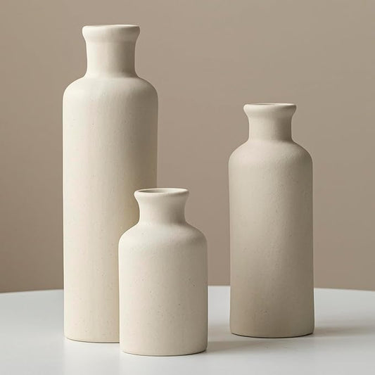 Modern Ceramic Vase Set of 3, Beige Colors, Decorative Bottles for Home, Farmhouse Rustic Decor, Housewarming Gifts, Wedding Gifts, Bridal Shower Gifts, Birthday Gifts for Women (Beige)