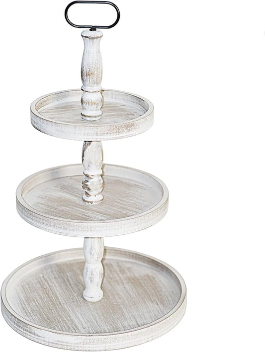 Krismax Decorative Tray - Cupcake Stand Three Tiered Tray Stand, Rustic Round Farmhouse Style Tiered Tray Decor, Farmhouse 3 Tiered Serving Tray, Holiday Decoration (White)