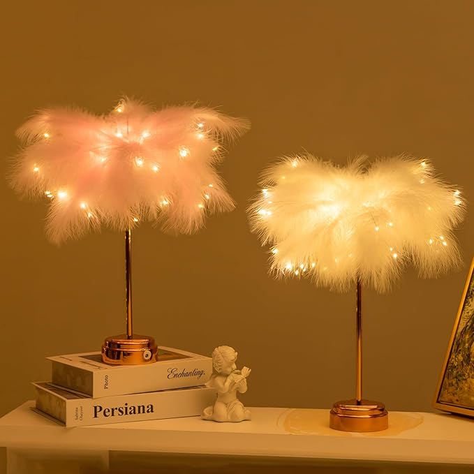 BDUSXYZ White Feather Lamp - LED Atmosphere Feather Night Lights Bedside Lamps for Mother, Girlfriend Home Girl Room Wedding Decoration