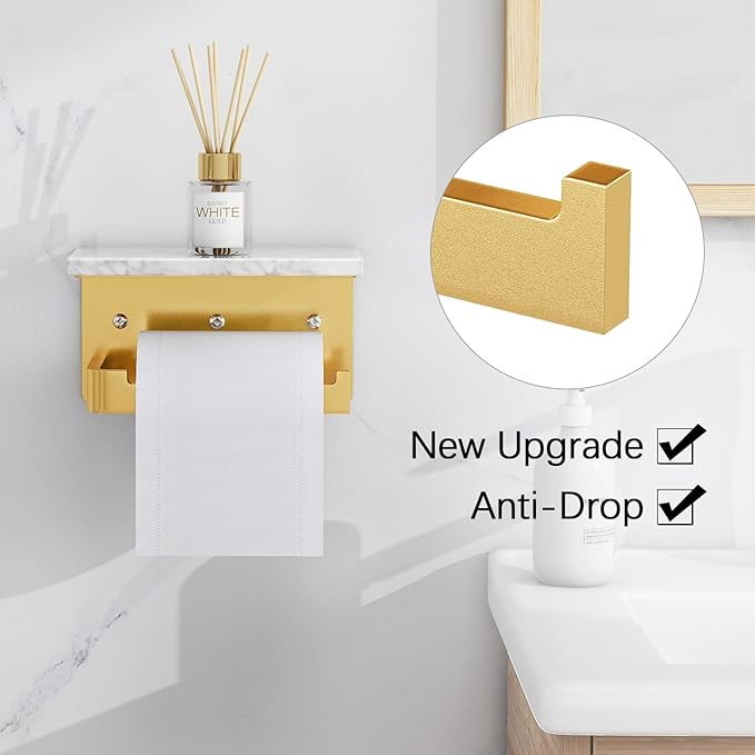 Gypie Toilet Paper Holder with Shelf, Extended Base Wall Mounted, Marble Toilet Roll Holder Black for Bathroom Washroom Gold