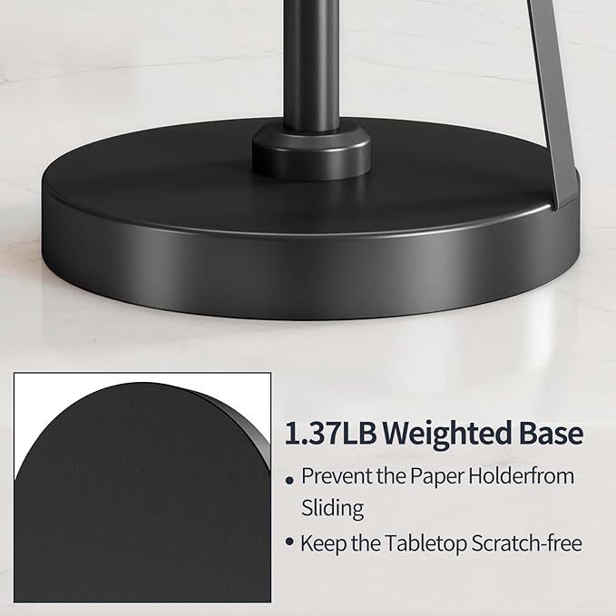 Jesginboo Countertop Paper Towel Holder for Kitchen, Stainless Steel Tension Arm for One-Handed Tear, Stainless Steel Paper Towel Holder Stand for Kitchen Bathroom, Black