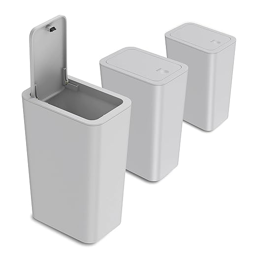 3 Pack 10 Liter / 2.6 Gallon Bathroom Trash Can, Small Trash Can with Lid, Garbage Can Waste Basket for Bathroom, Kitchen, Bedroom, Powder Room, Craft Room, Office, College (Gray)