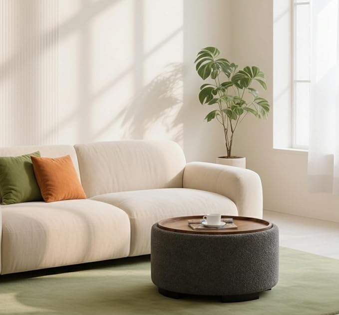 29.5 Inch Round Storage Ottoman Coffee Table,Modern Circle Coffee Table with Storage with Removable Lid Top and Solid Wood Legs,Large Round Ottoman for Bedroom,Living Room,Teddy Fleece,Grey