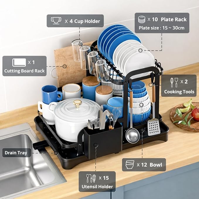 Kitchen Dish Drying Rack, 2-Tier Large Capacity Kitchen Countertop Dish Rack, Metal Dish Rack with Utensil Holder, Cup Holder & Plate Organizer, Black