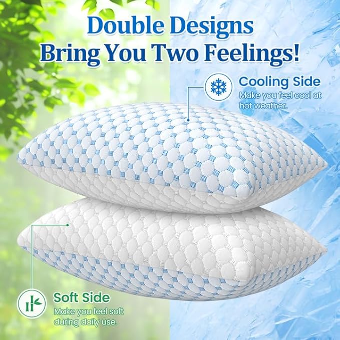 CloudBliss Cooling Bed Set of 2 Pillows for Sleeping, Shredded Memory Foam Pillows with Washable & Breathable Pillowcase, Adjustable Height Pillow for Side, Back and Stomach Sleepers, Standard Size