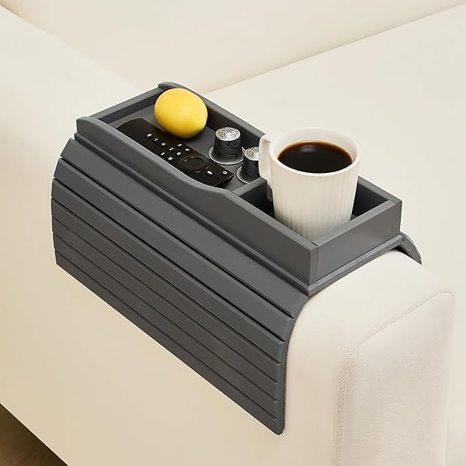 Bamboo Couch Cup Holder Arm Tray Table，Couch Drink Holder，Sofa Cup Holder Armrest Tray，Anti-Slip Foldable Arm Chair Table Tray Recliners for Drink,Cups, Snacks, Phone, Remote (Gray)