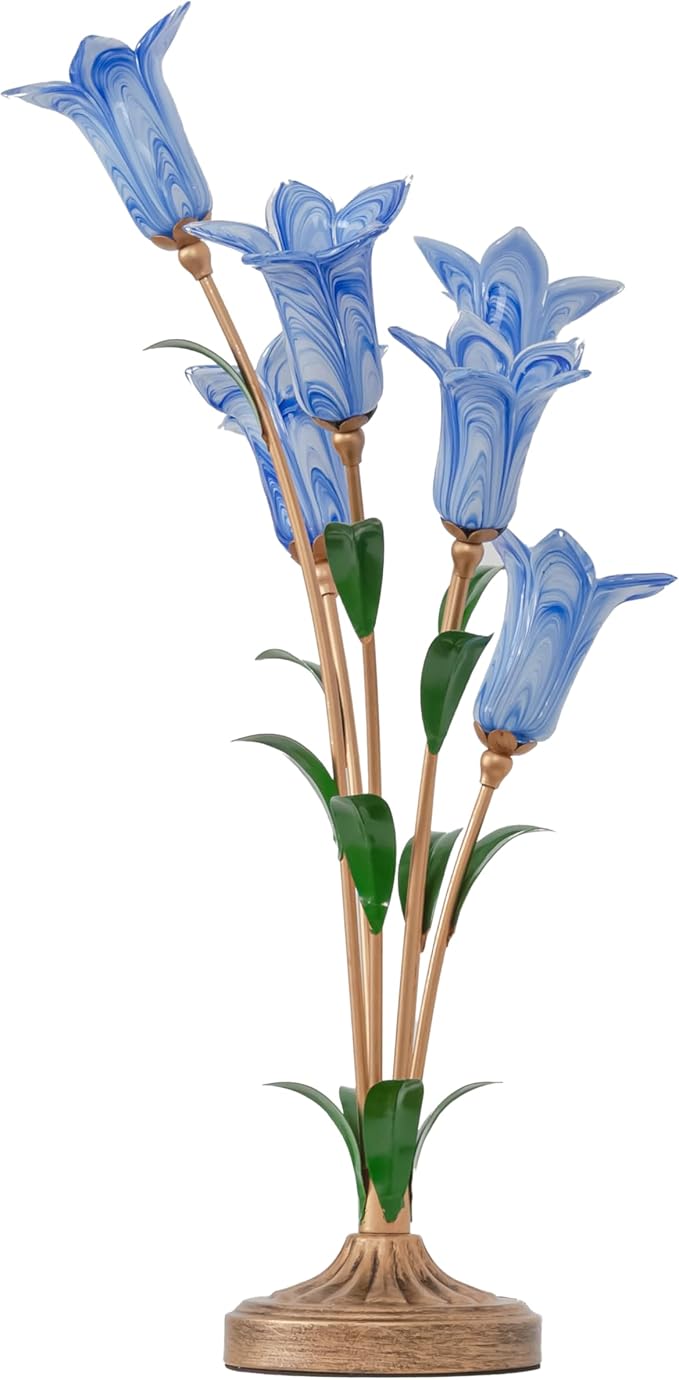 Skyblaze Classic Style Table Lamp with Flower Glass Shade, Elegant Flower Night Light, Art Deco Accent Table Lamp for Bedroom Living Room (Blue, 6 Lights)