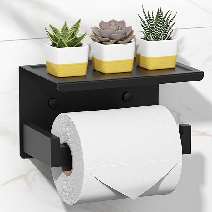 HITSLAM Toilet Paper Holder with Shelf, Stick on Matte Black Toilet Paper Roll Holder, Self Adhesive or Wall-Mount with Screws for Bathroom,Washroom