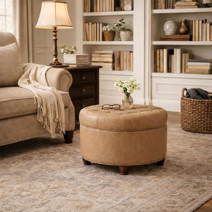 Homepop Home Decor | Button Tufted Faux Leather Round Storage Ottoman | Ottoman with Storage for Living Room & Bedroom (Sand Faux Leather)