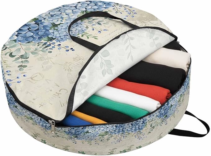 Storage Bag Blue Hydrangea Round Storage Totes Bins Closet Organizers with Zippers & Handle Green Eucalyptus Leaves Vintage Clothes Storage Container for Bedroom Dorm Space Saving Packing Supplies