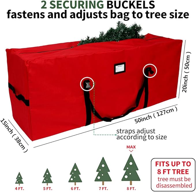 OurWarm Christmas Tree Storage Bag Extra Large Heavy Duty Storage Containers for 8 Ft Artificial Tree 600D Oxford Xmas Holiday Tree Storage Bags with Reinforced Handles Zipper, Red 50" x 15" x 20"