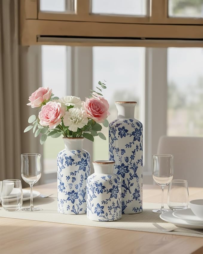 Ceramic Vase Set of 3, Vintage Ceramic Flower Vases, Crackle-Glaze & Distressed Rim, Blue Botanical Pattern, for Home Decor, Living Room Mantel & Dining Table Centerpiece