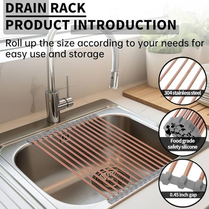 11.8" x 17" Expandable Roll Up Over The Rack Sink Cover Kitchen Dish Drying Rack,SUS304 Stainless Steel Multipurpose Collapsible Organizer Dish Drying Rack for Kitchen Sink Cover,Rose Gold