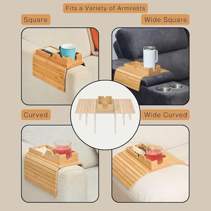 Couch Cup Holder Tray - Portable Sofa Arm Tray Table - Anti-Spill Armchair Caddy Couch Arm Table Snack Organizer with Removable Tray - Remote Control Holder Perfect for Cups, Snacks, Phone