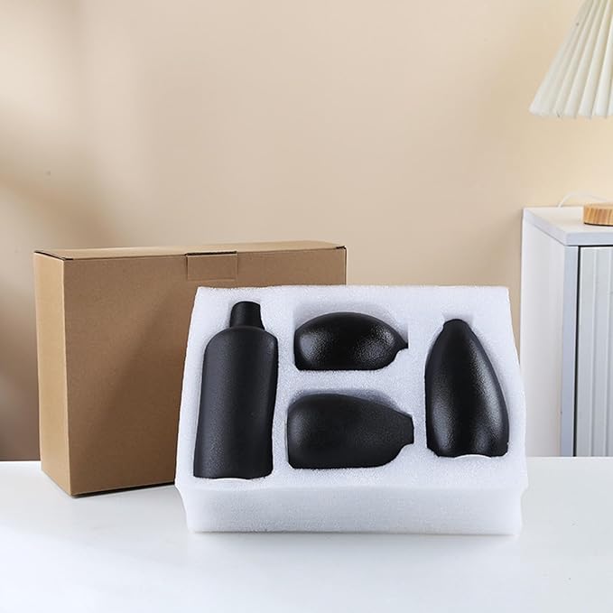 Neutral Black Ceramic Decorative Vase Set, Modern Matte Minimalist Vases for Shelf, Coffee Table, Living Room & Fireplace Mantel Decor (4, Black)