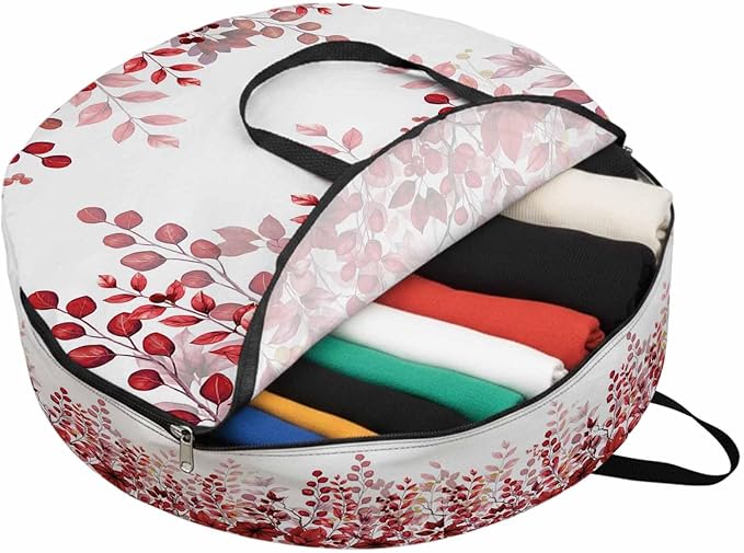 Storage Bag Red Eucalyptus Leaves Round Storage Totes Bins Closet Organizers with Zippers & Handle Berry Branch Nature Plant Clothes Storage Container for Bedroom Dorm Space Saving Packing Supplies