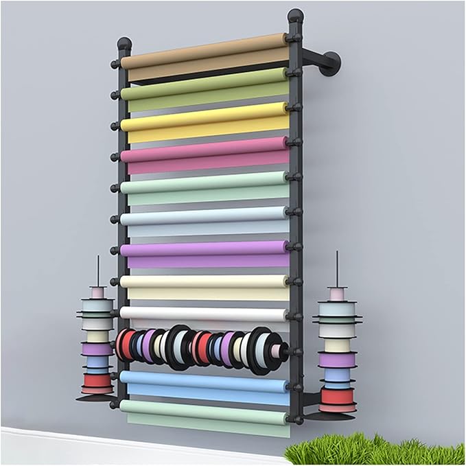 Ribbon Display Storage Organizer Wire Spool Rack Wrapping Paper Shelf Wall Mounted,Detachable Ribbons Tray&Removable Crossbars,Black,100X20X120Cm