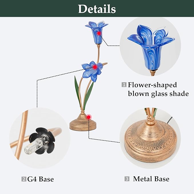 Skyblaze Classic Style Table Lamp with Flower Glass Shade, Elegant Flower Night Light, Art Deco Accent Table Lamp for Bedroom Living Room (Blue, 2 Lights)