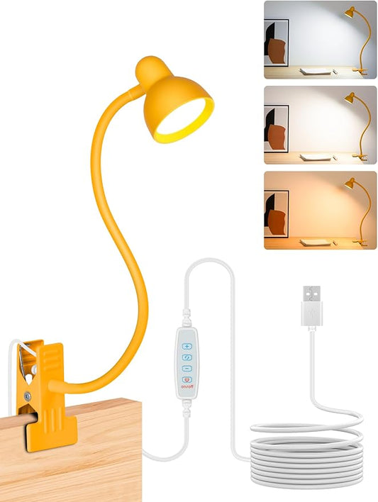 LiFMIRA Clip on Reading Light for Bed 3 Color Modes, 10 Brightness Dimmable, Flexible Gooseneck Clip on Lamp, Eye Care Clip Light for Bed Headboard Desk Home Dorm, Yellow