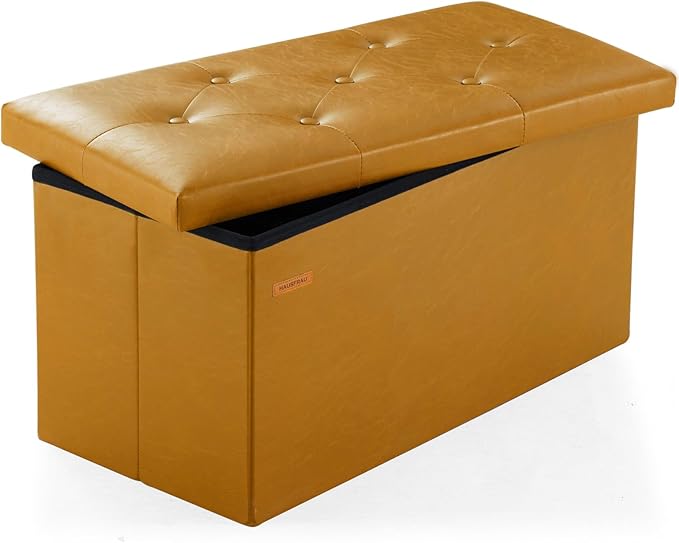 HAUSFRAU - Storage Ottoman Bench, 30 Inches Button Tufted Upholstered Ottoman Footstool with Storage for Living Room Bedroom Entryway, Load 660 lb, Synthetic Leather, Gold Brown
