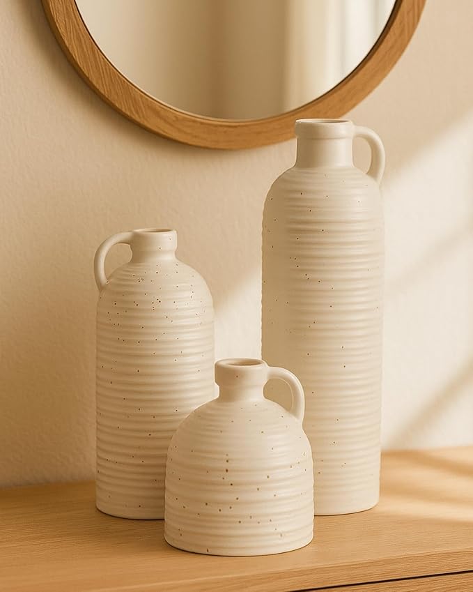 White Ceramic Vase Set of 3 with Handle – Ribbed and Dotted Jug Vases for Rustic Farmhouse Table Centerpiece, Shelf & Mantel Decor