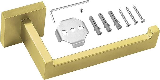 HITSLAM Brushed Gold Brass Toilet Paper Holder Wall Mount Premium 304 Stainless Steel Square Toilet Paper Roll Holder for Bathroom Rustproof