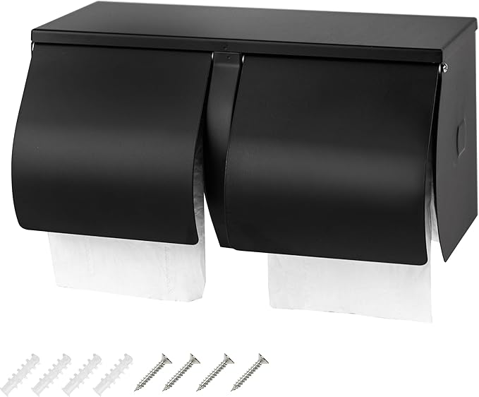 Desyeryamimi Double Roll Toilet Paper Holder Dispenser with Shelf Storage-Commercial 2-Roll Side by Side Stainless Steel Toilet Tissue Holder/Dispenser Wall Mount for Bathroom/Restroom(Black