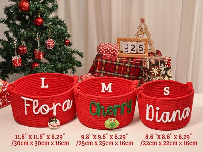 Personalized Handmade Kids Christmas Eve Gift Basket Cotton Rope Storage Basket with Name Large Capacity