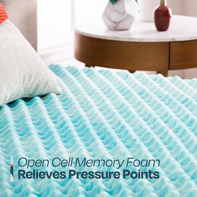 Linenspa 3 Inch Gel Memory Foam Mattress Topper – Egg Crate Style, Reversible for two feels – Promotes Airflow & Relieves Pressure Points – Twin XL