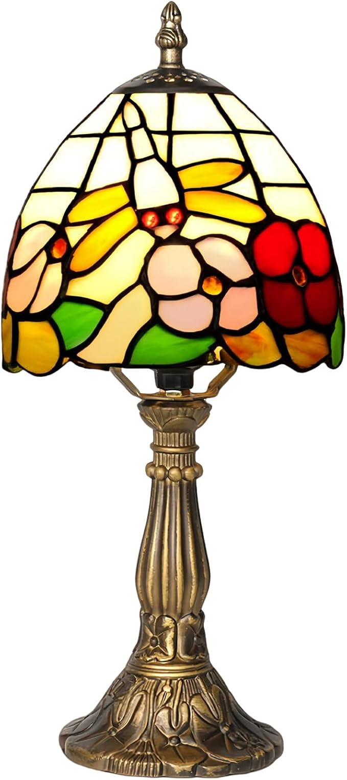 Small Tiffany Style Table Lamp, 5" Antique Stained Glass Lamp, Desk Bedside Table Night Lamp for Bedroom, Living Room, Office, Handcrafted Light (Dragonfly & Flower)