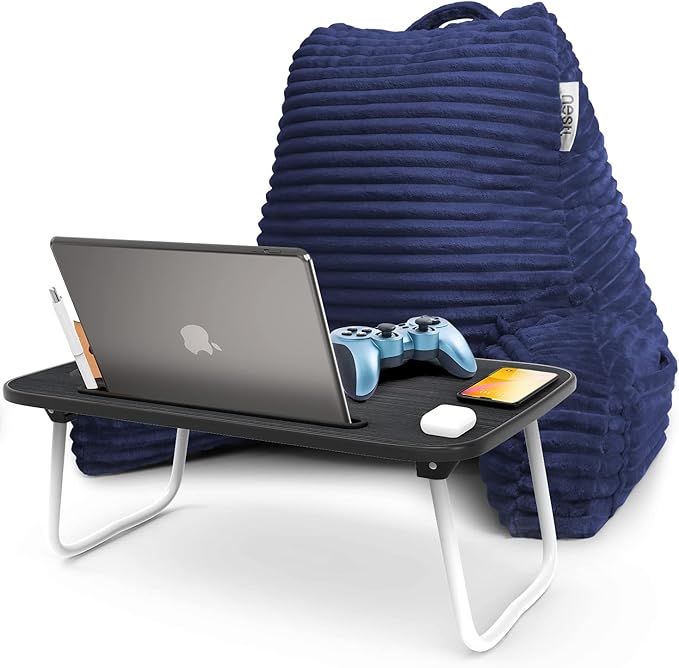 Nestl Navy Blue Reading Pillow with Bed Desk for Laptop and Writing, Luxe Cut Plush Back Pillow for Sitting Up, Back and Arms Adjustable Support for Adult and Teens, Foldable Lap Desk for Bed 22x14”