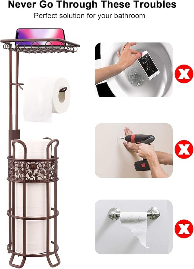 Upgraded Toilet Paper Holder Stand for Bathroom, Holds 3 Big Rolls of Jumbo Mega Paper, Top Shelf for Wipes Tissue, Sturdy Freestanding Paper Roll Dispenser, Floral Pattern, Bronze Red