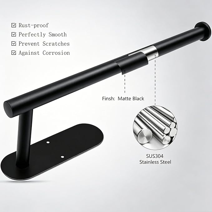 Paper Towel Holder Under Cabinet - Self Adhesive Paper Towel Roll Holder Wall Mount, Matte Black Stainless Steel Towel Paper Holder for Kitchen, Bathroom, Cabinets