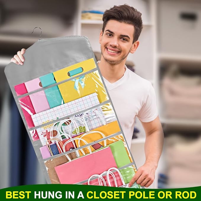 ProPik Hanging Double Sided Gift Bag Storage Organizer with Multiple Front and Back Pockets - Organize Your Gift Wrap, Tissue Paper, and Paper Bags 38 x 16 Inch PVC (Gray)