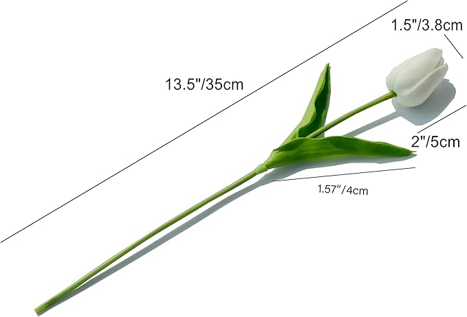 Mandy's White Artificial Tulips Flowers Centerpiece, 13.5" Lifelike PU Fake Floral Stems 20pcs and 3pcs White Baby's Breath for Kitchen Island & Dining Table, Spring Decor for Easter