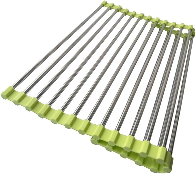 Roll Up Dish Drying Rack, Stainless Steel and Silicone Dish Drying Mat Over The Sink Foldable Drain Rack Multipurpose Dish Drainer for Kitchen, 14.5” x 14”, Green